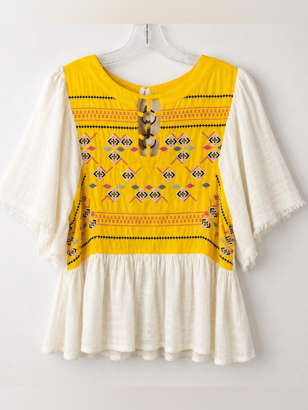 Rocks & Indigo Embroidered Boho Peasant Top White Yellow Fringe Small